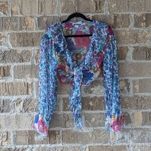 Vintage 80s Contemporary Casuals Sheer Floral Ruffle Crop Top Bell Sleeves Small